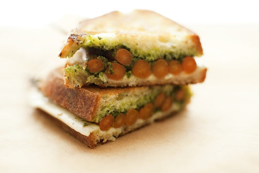 Grilled Carrot + Carrot Green Pesto + Asiago Grilled Cheese