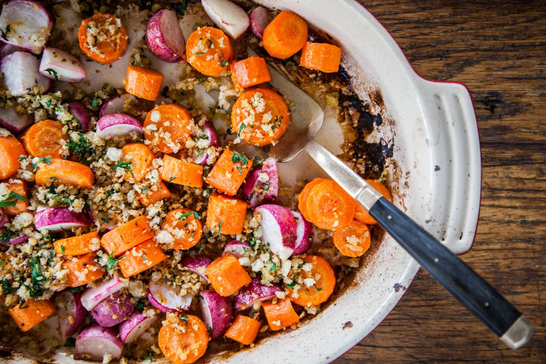 Roasted Carrots & Radish (or Turnips) with Crunchy Carrot Top Gremolata Breadcrumbs